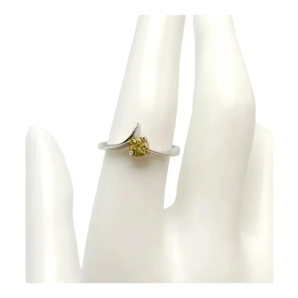 S925 Sterling Silver Tension Set Ring Canary Yellow Rhinestone Size 7.25